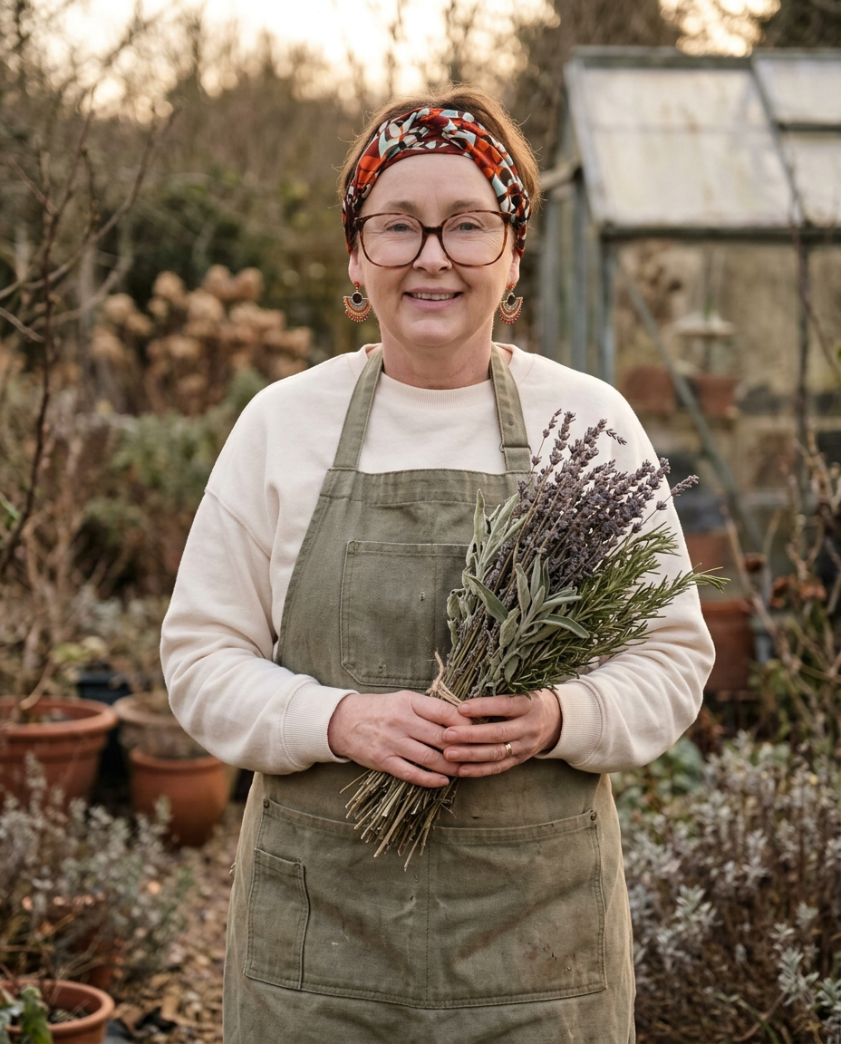 Portrait of a woman in a floral headscarf and canvas apron holding a bundle of dried herbs in a winter garden