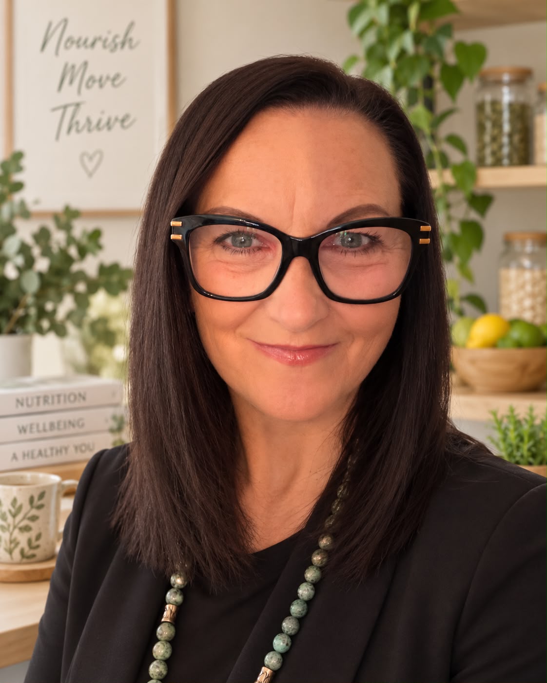Portrait of a woman with dark hair and glasses, smiling in a warm kitchen lined with herbs, jars and wellness books