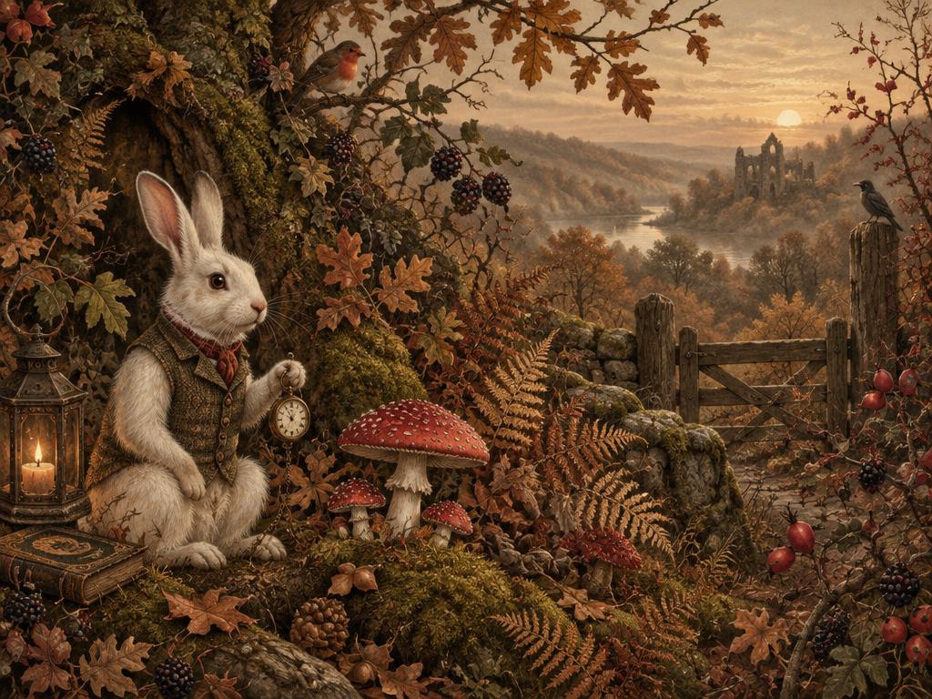 White rabbit in a waistcoat holding a pocket watch among autumn toadstools, ferns and hedgerow berries