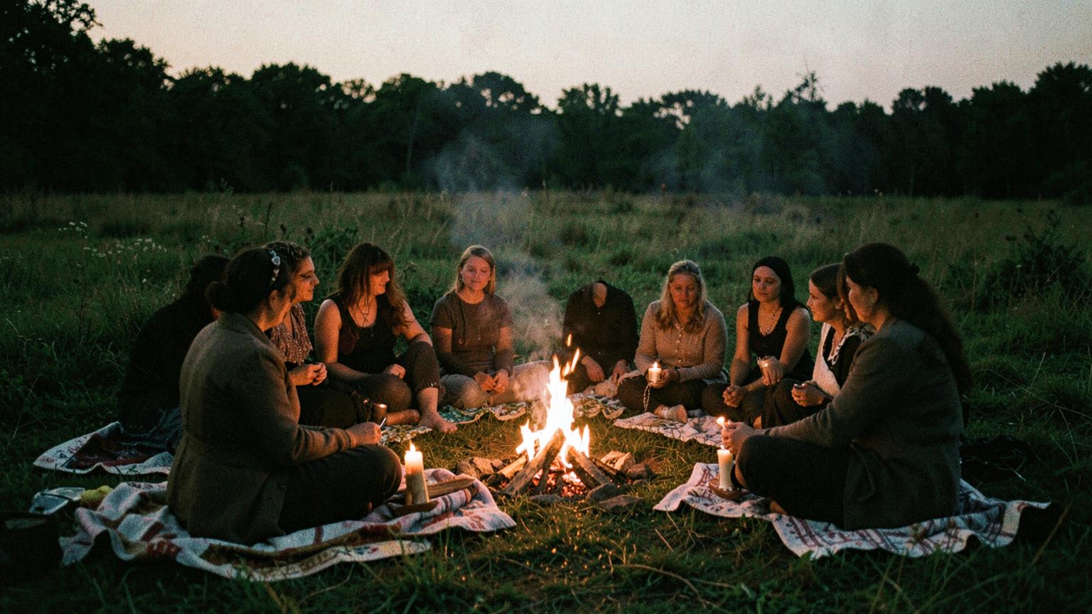 Women seated on blankets around a small fire in a meadow at dusk, holding candles
