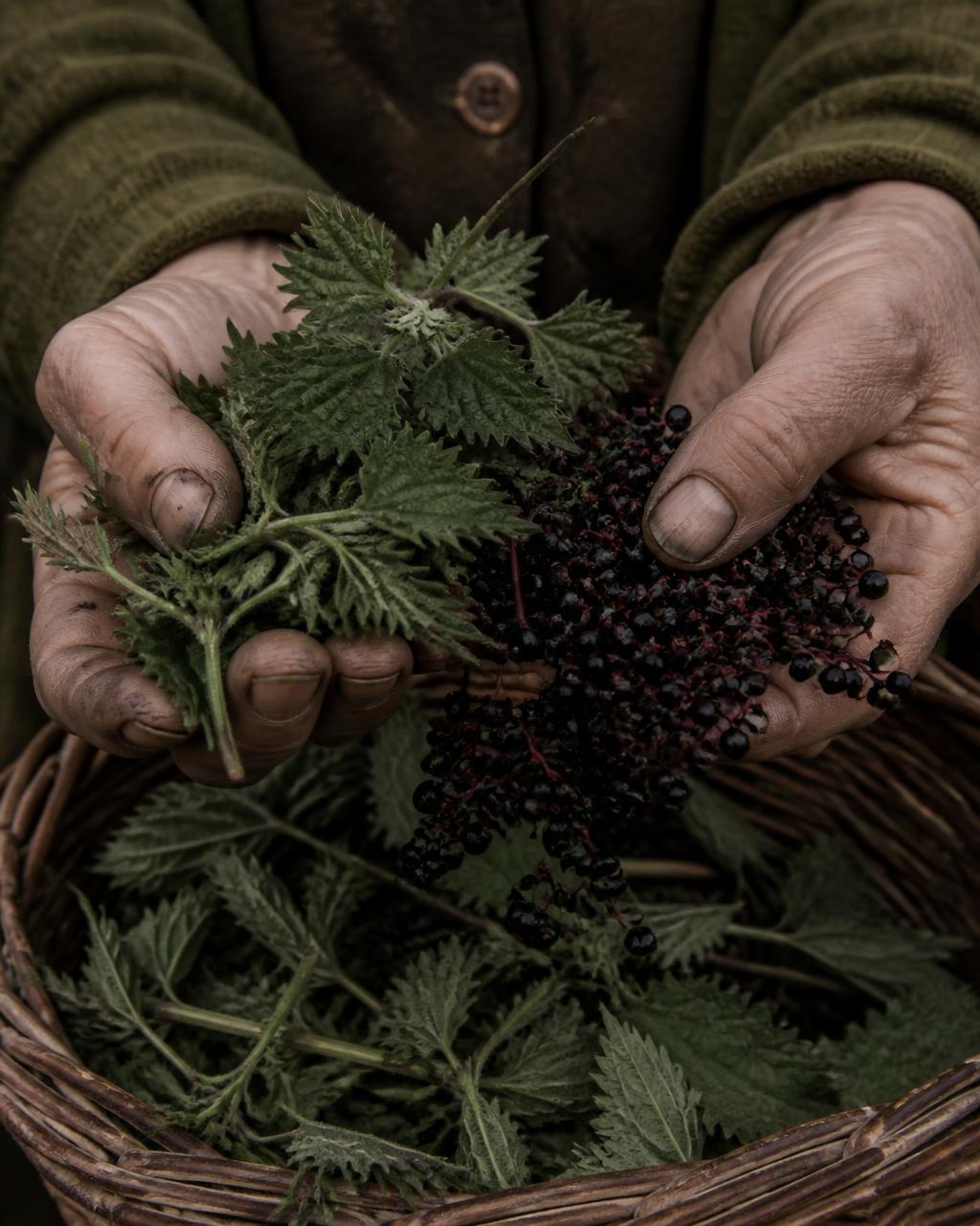 Weathered hands holding freshly gathered nettles and elderberries above a wicker basket