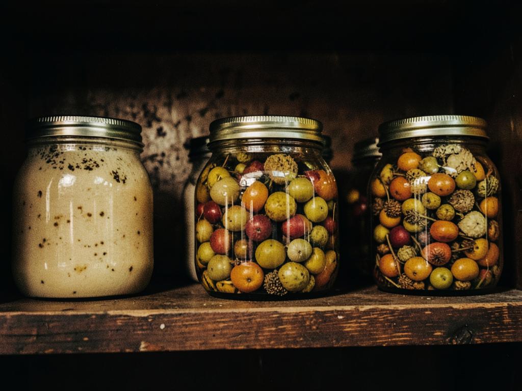 Glass jars of fermented hedgerow fruit and pickles on a dark wooden pantry shelf