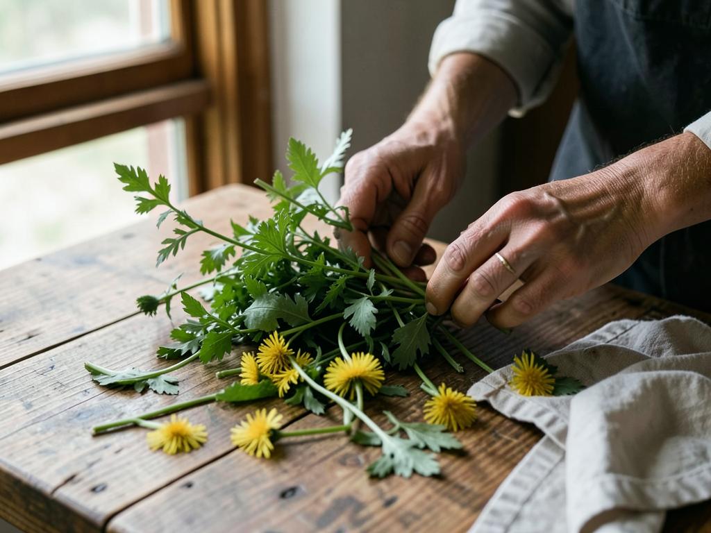 Hands sorting foraged dandelion leaves and wild greens on a scrubbed wooden table