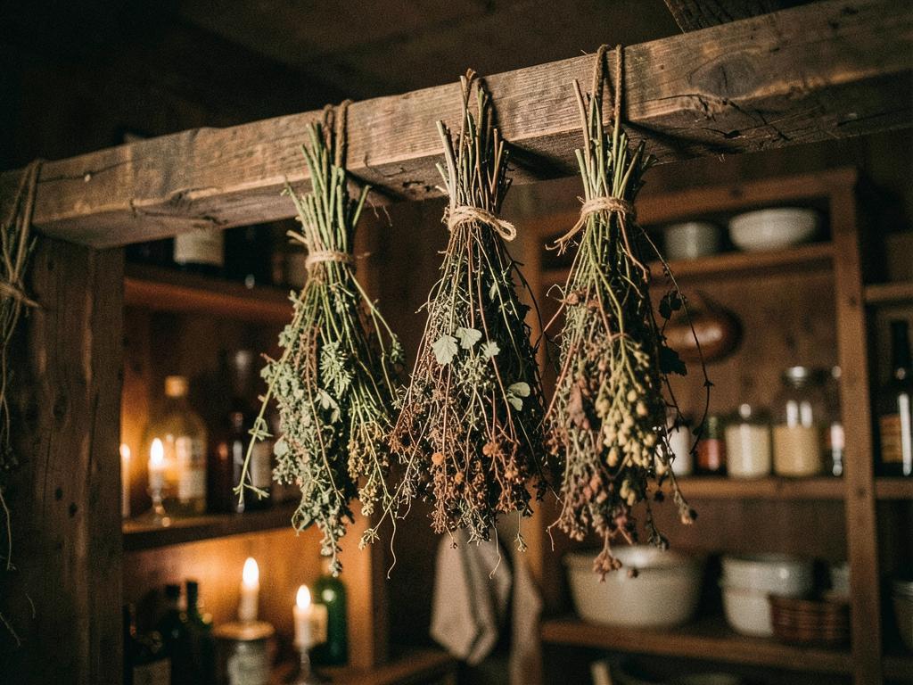 Bundles of dried herbs hanging to cure from a wooden beam by candlelight